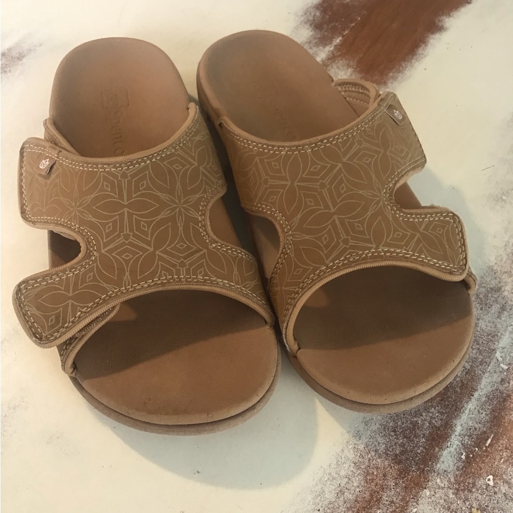 Spenco Womans Sandals Size 7 Adjustable Straps Slide On Summer Tan